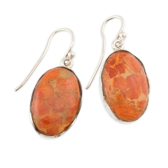 Vintage Sponge Coral Sterling Silver Dangle Earrings Red Orange Oval